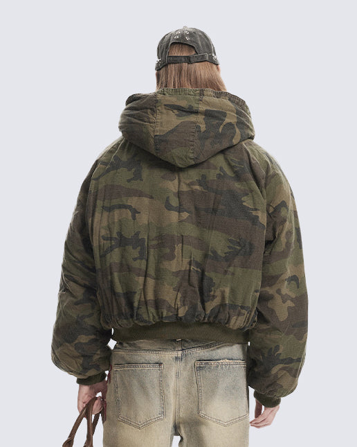 Camouflage Fleece-Lined Hooded Jacket
