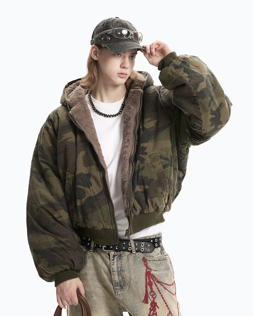 Camouflage Fleece-Lined Hooded Jacket
