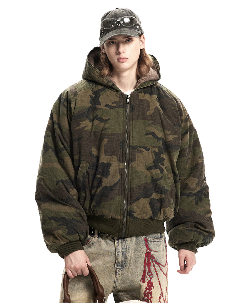 Camouflage Fleece-Lined Hooded Jacket
