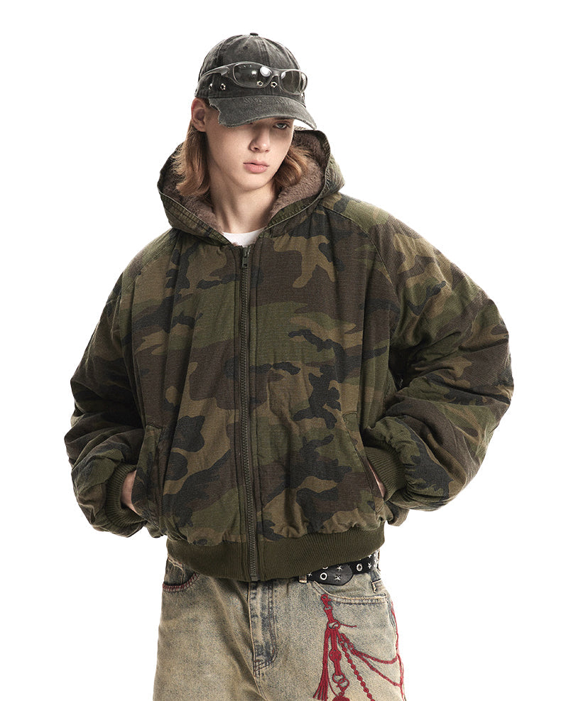 Camouflage Fleece-Lined Hooded Jacket
