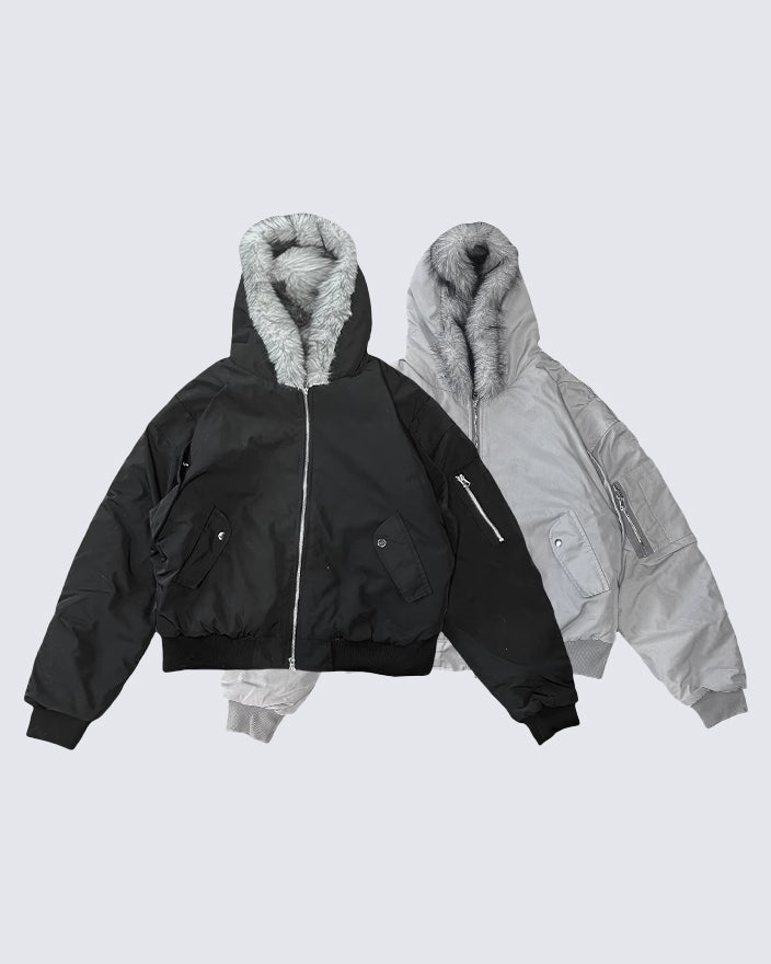 Reversible Faux Fur Hooded Bomber Jacket