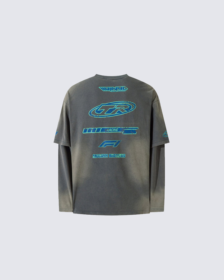 Racing Style Fake Two-Piece Long-Sleeved T-Shirt