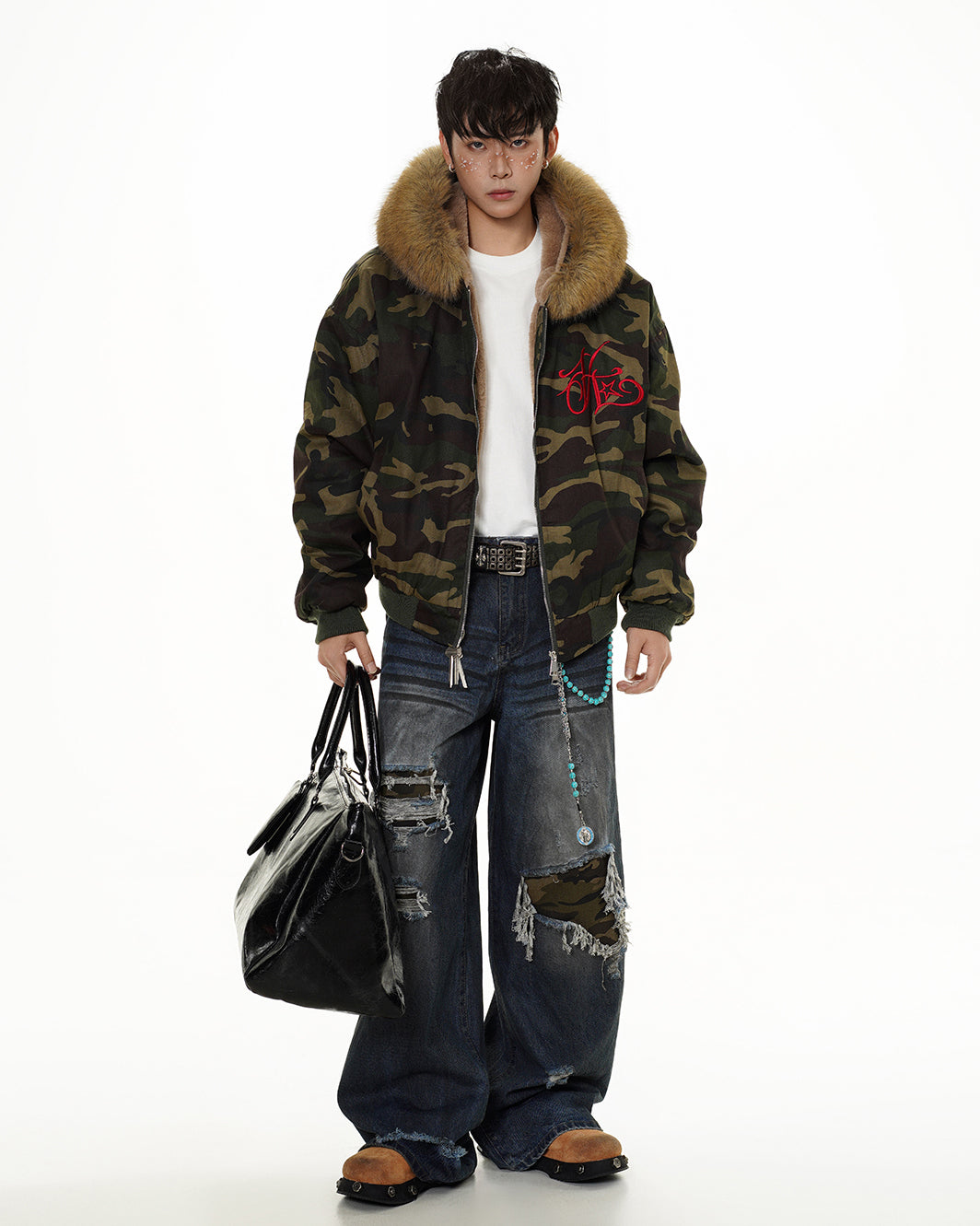 Camo Faux Fur Hooded Jacket with Detachable Collar