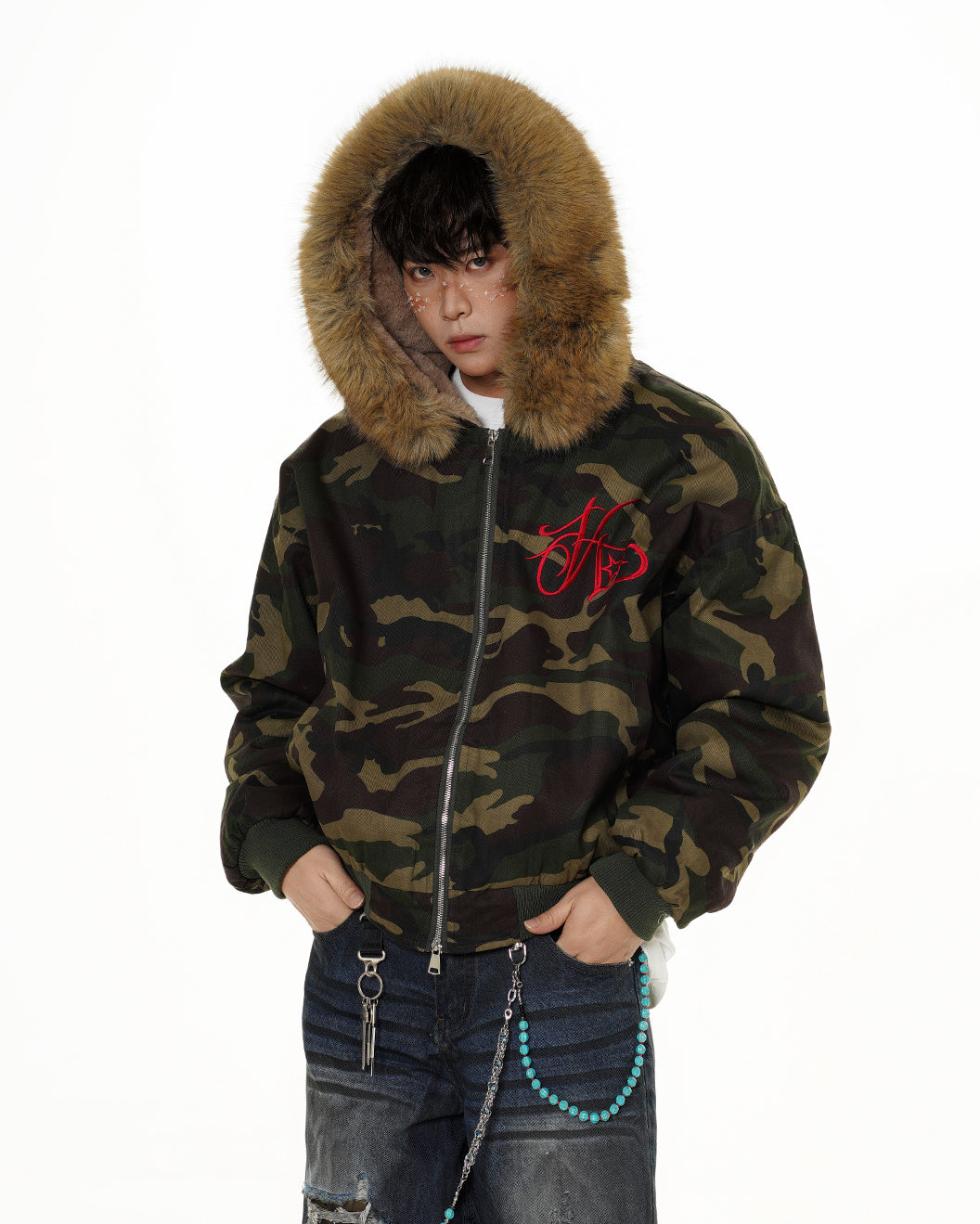 Camo Faux Fur Hooded Jacket with Detachable Collar