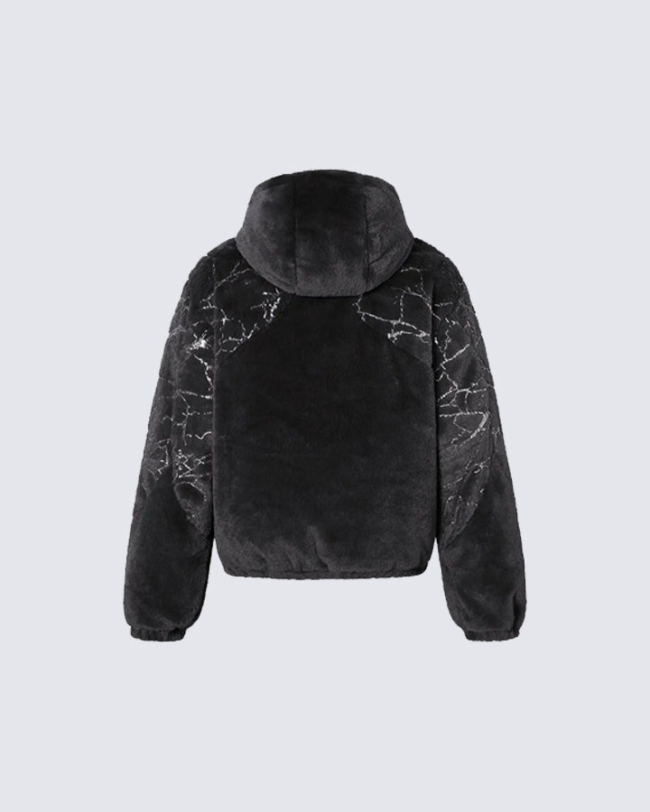 Silver Foil Segmented Faux Mink Fur Hooded Cardigan