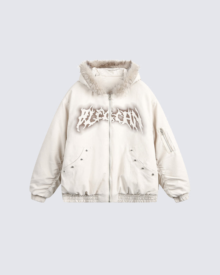 Padded Letter Print Hooded Jacket