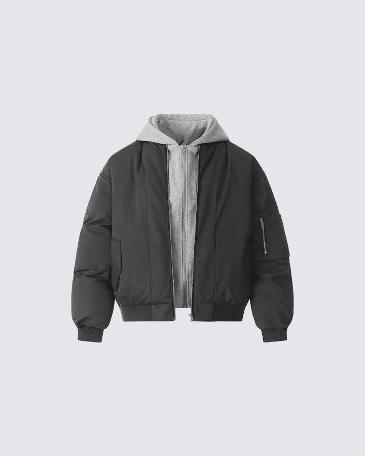 Retro Faux Layered Hooded Puffer Jacket