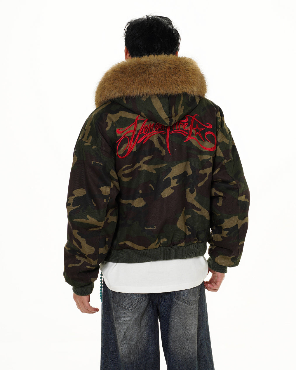 Camo Faux Fur Hooded Jacket with Detachable Collar