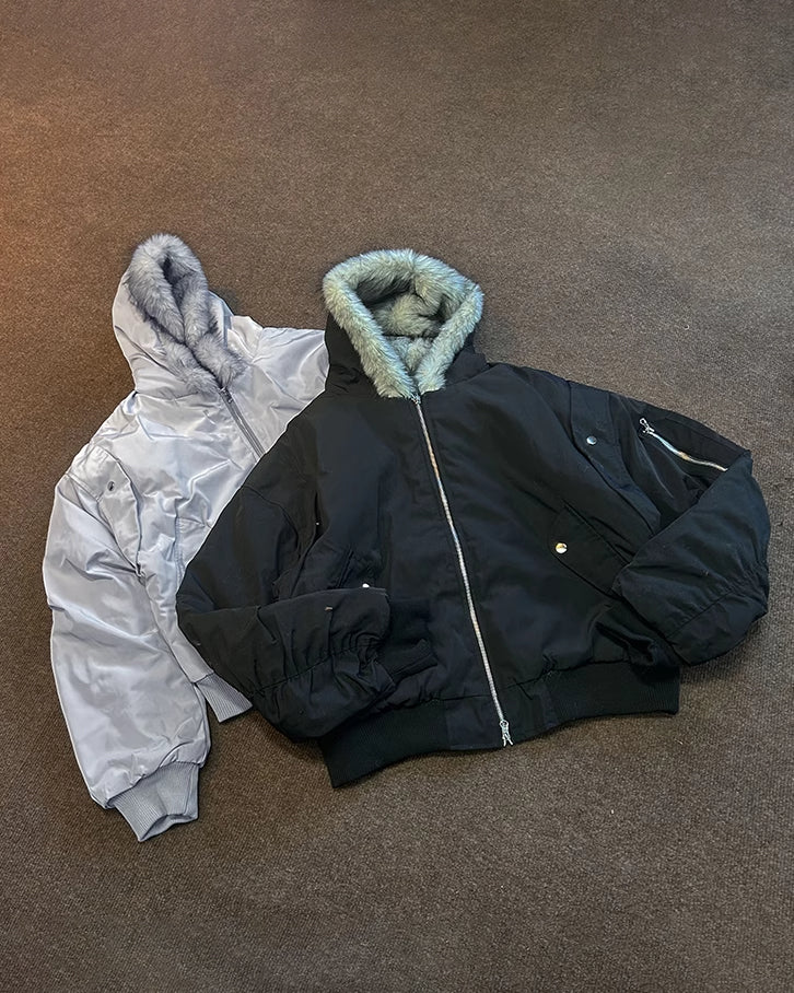 Reversible Faux Fur Hooded Bomber Jacket
