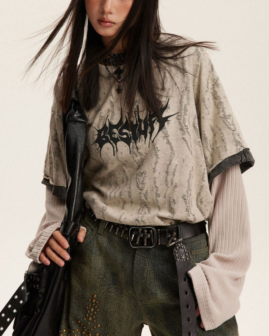 Letter Embroidered Fake Two Piece Sweatshirt