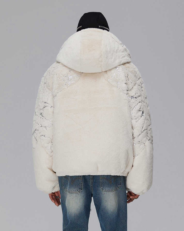 Silver Foil Segmented Faux Mink Fur Hooded Cardigan