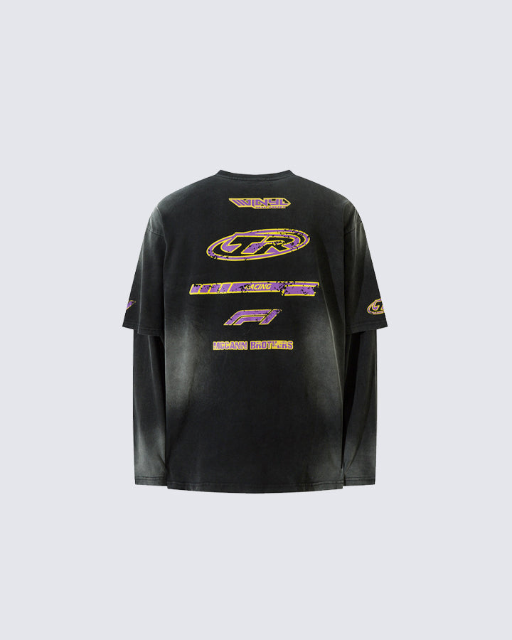 Racing Style Fake Two-Piece Long-Sleeved T-Shirt