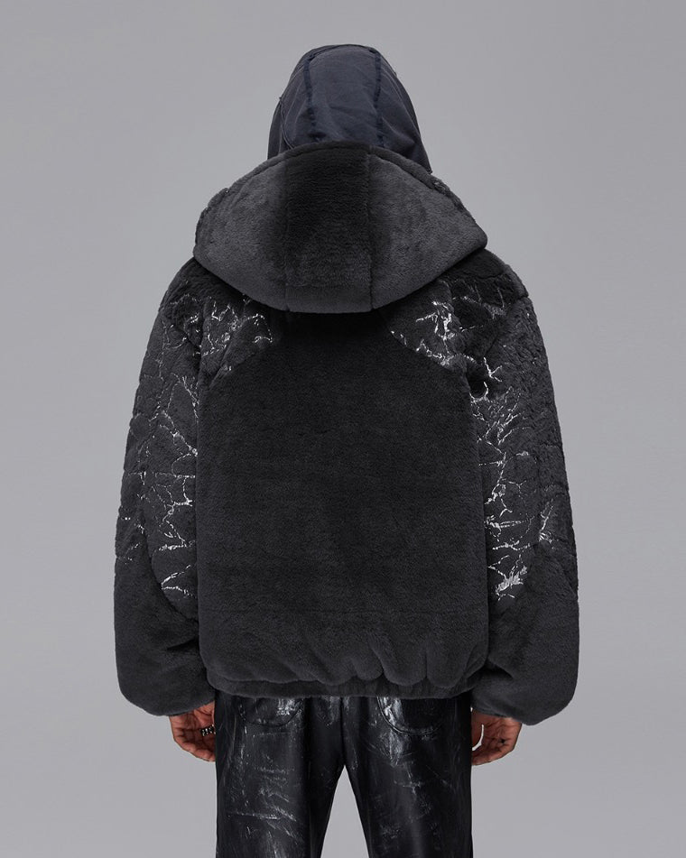 Silver Foil Segmented Faux Mink Fur Hooded Cardigan