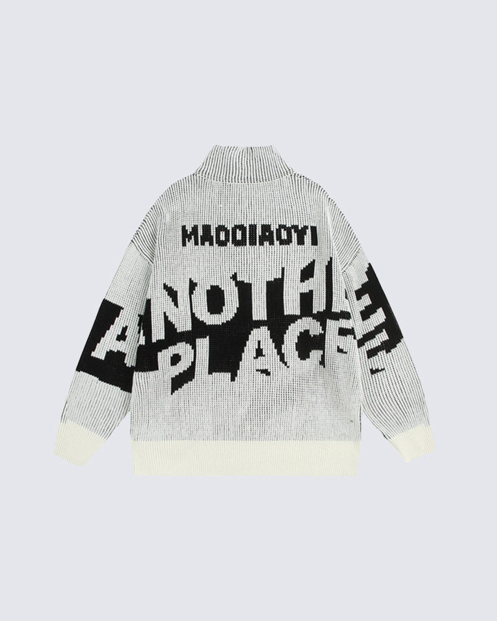 Letter Patchwork High-Neck Knit Sweater