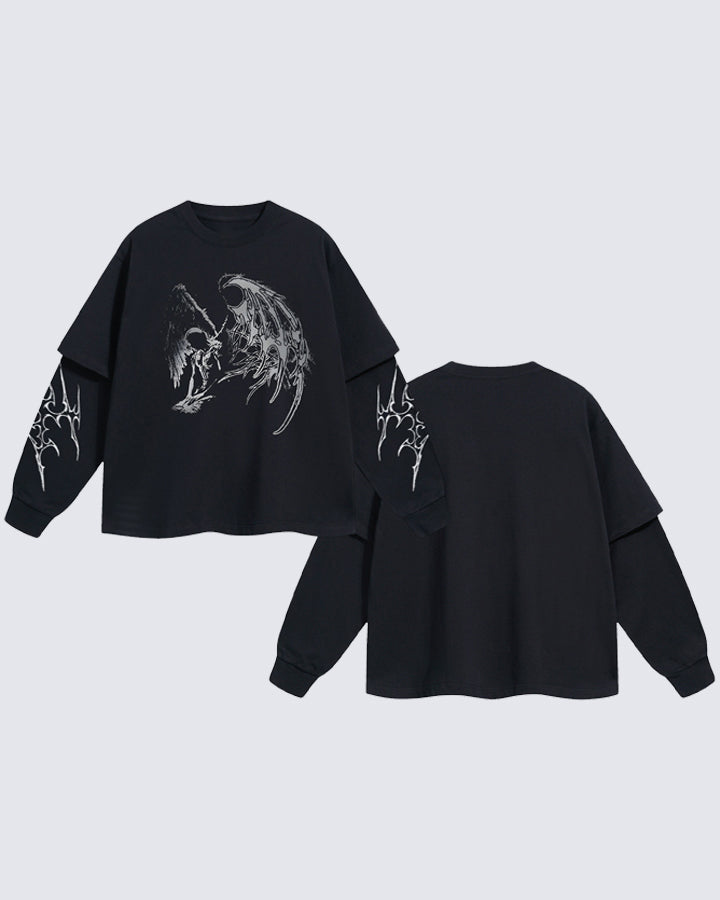 Dark Angel Print Mock Two Piece Long Sleeve T-Shirt