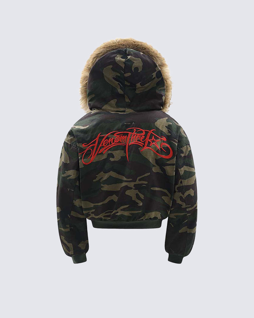 Camo Faux Fur Hooded Jacket with Detachable Collar