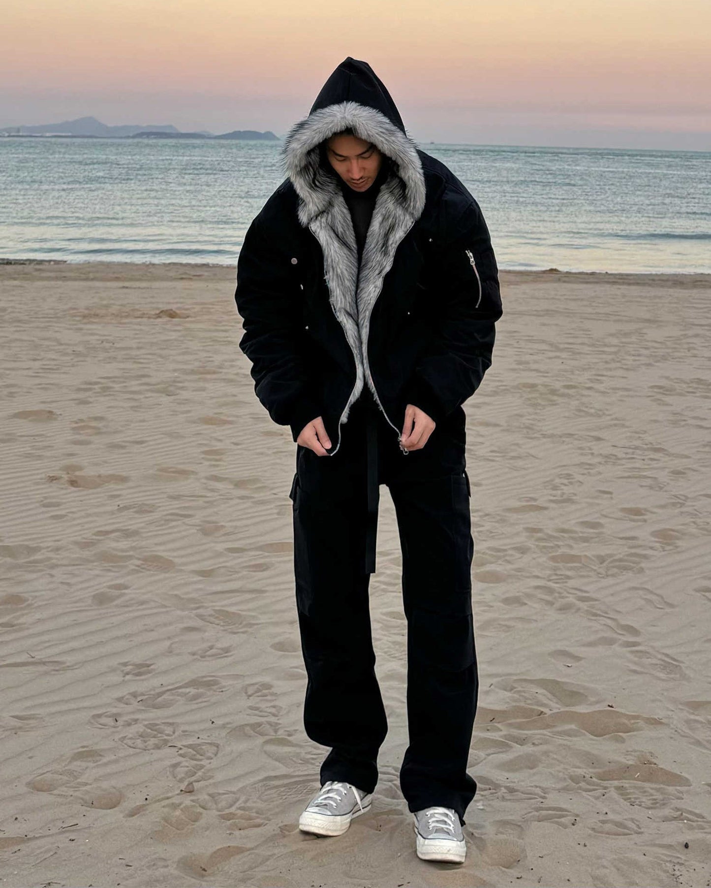Reversible Faux Fur Hooded Bomber Jacket