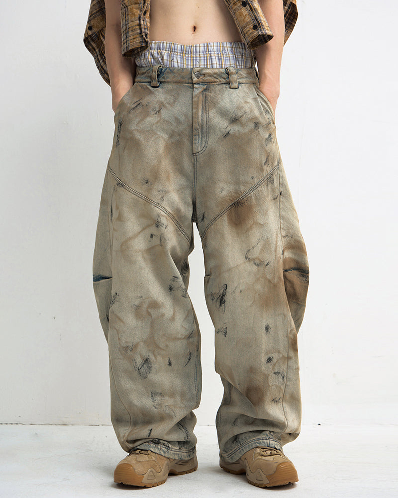 Vintage Washed Mud-Stain Denim Pants