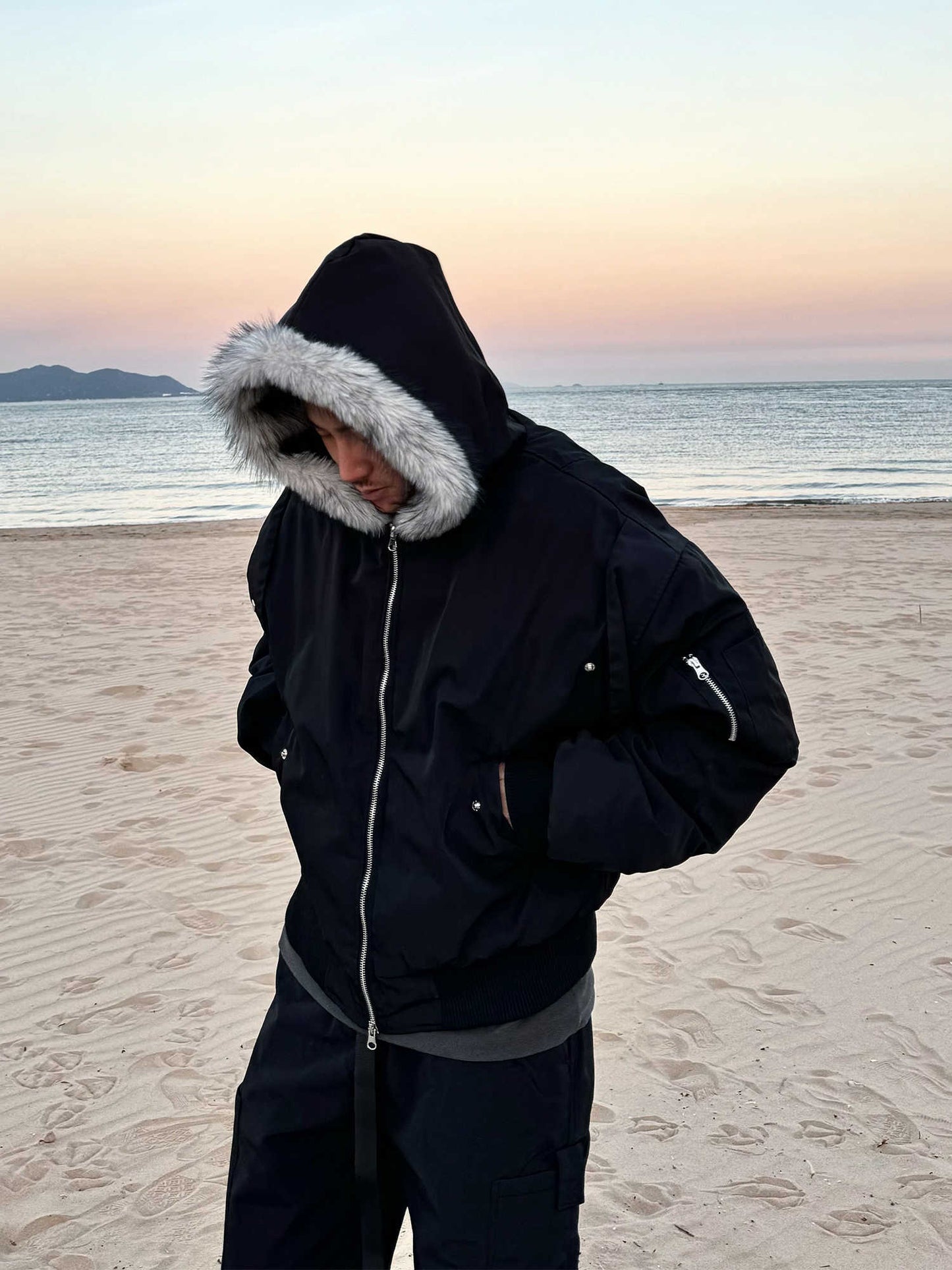 Reversible Faux Fur Hooded Bomber Jacket