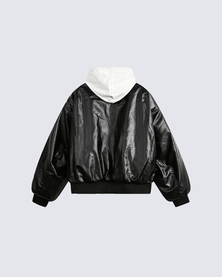 Hooded Padded PU Leather Jacket