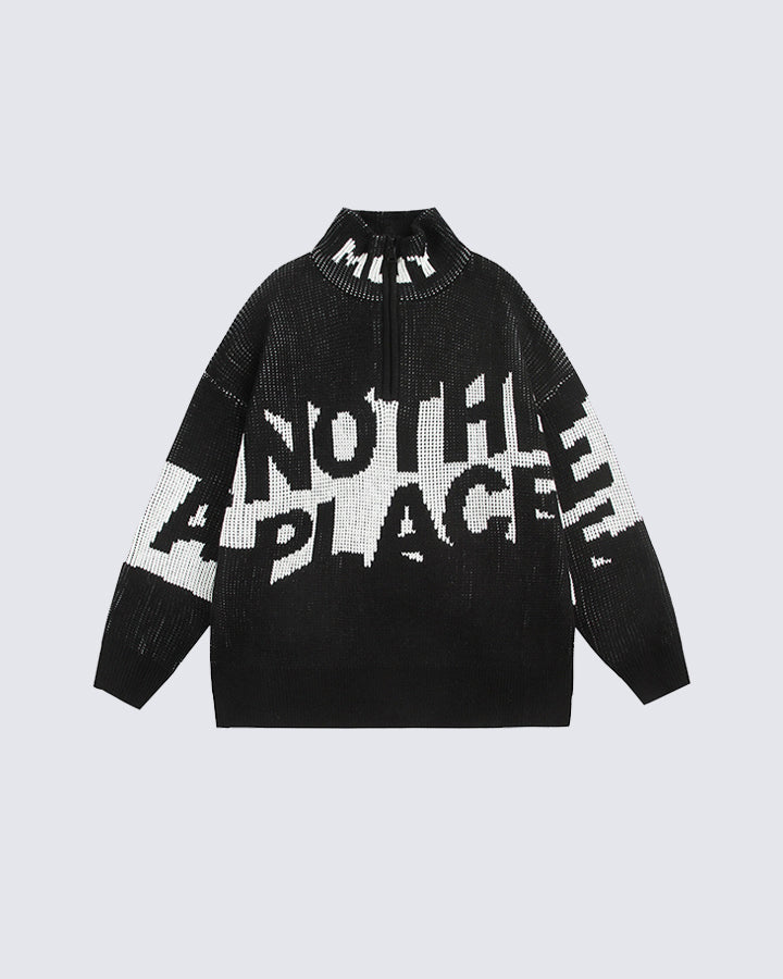 Letter Patchwork High-Neck Knit Sweater