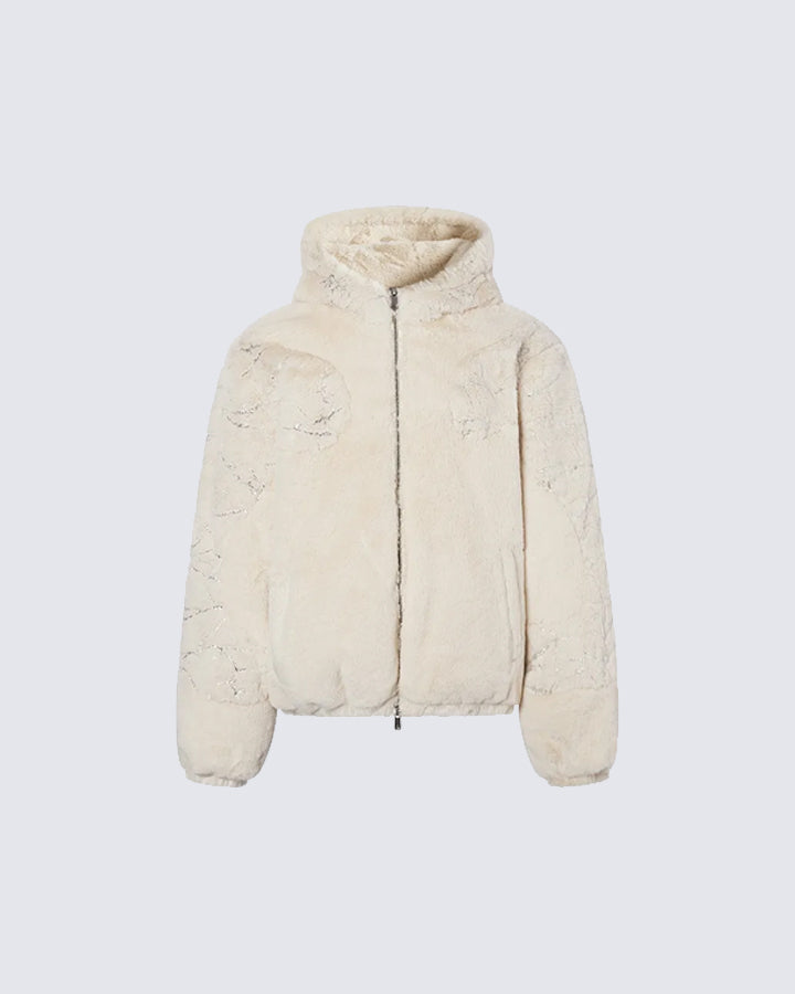 Silver Foil Segmented Faux Mink Fur Hooded Cardigan
