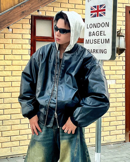 Hooded Padded PU Leather Jacket