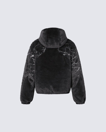 Silver Foil Segmented Faux Mink Fur Hooded Cardigan