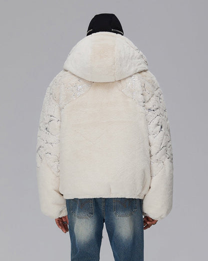 Silver Foil Segmented Faux Mink Fur Hooded Cardigan