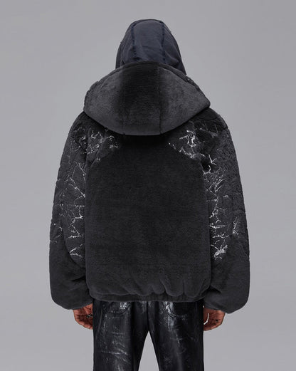 Silver Foil Segmented Faux Mink Fur Hooded Cardigan