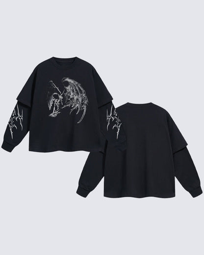 Dark Angel Print Mock Two Piece Long Sleeve T-Shirt