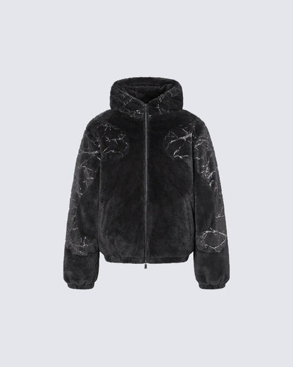 Silver Foil Segmented Faux Mink Fur Hooded Cardigan