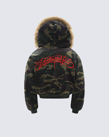 Camo Faux Fur Hooded Jacket with Detachable Collar