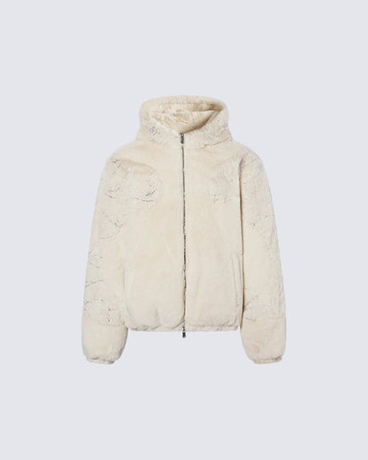 Silver Foil Segmented Faux Mink Fur Hooded Cardigan